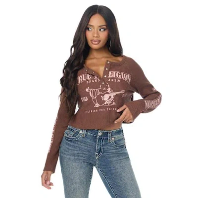 True Religion Women's Waffle Knit Henley Shirt Top In Brown