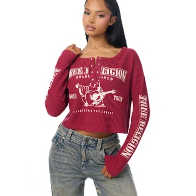 True Religion Women's Waffle Knit Henley Shirt Top In Burgundy