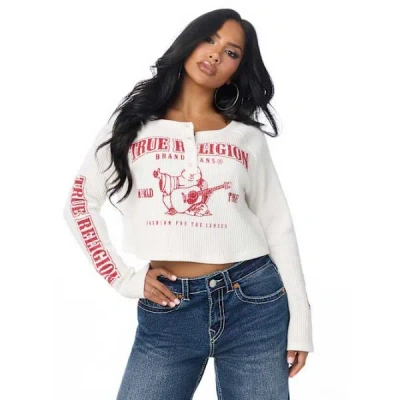 True Religion Women's Waffle Knit Henley Shirt Top In White