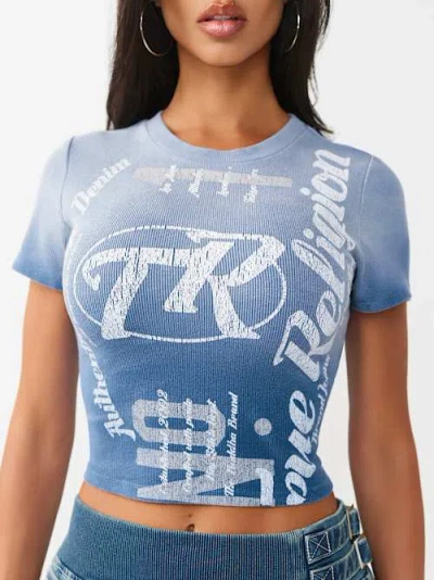 True Religion Women's Washed Crewneck Ribbed Baby T-shirt In Blue