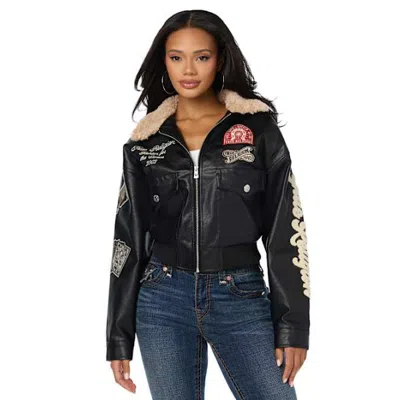 True Religion Women's Washed Faux Leather Oversized Aviator Sherpa Jacket In Black
