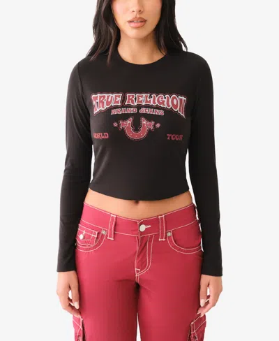True Religion Women's Western Logo Rib Baby Tee In Red Dahlia,winter White