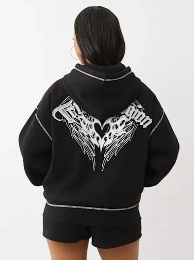True Religion Women's Winged Heart Applique Boyfriend Hoodie In Black