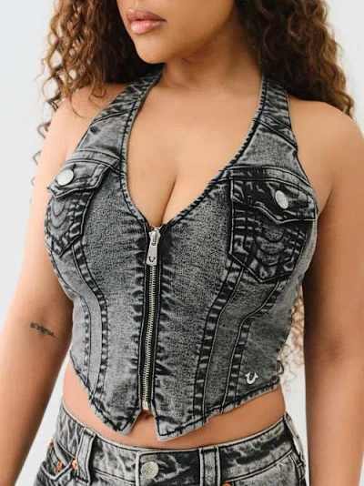 True Religion Women's Zip Denim Halter Top In Black