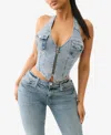 True Religion Halter Denim Top In Aqua Marine
