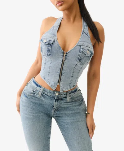 True Religion Halter Denim Top In Aqua Marine