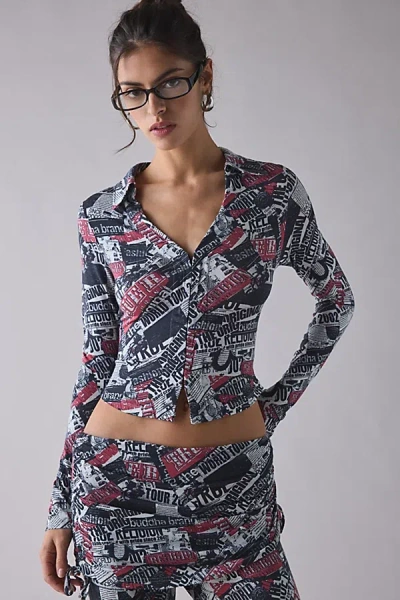 True Religion World Tour Print Long Sleeve Button-up Top In Aop Newspaper Print, Women's At Urban Ou In Multi