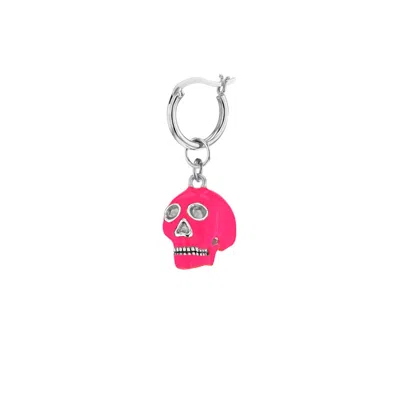 True Rocks Women's Neon Pink & Sterling Silver Mini Skull On A Silver Hoop Earring