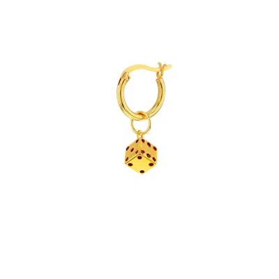 True Rocks Women's Red / Gold 18kt Gold Plated & Red Enamel Mini Dice Charm On Gold Plated Hoop Earring In Gray