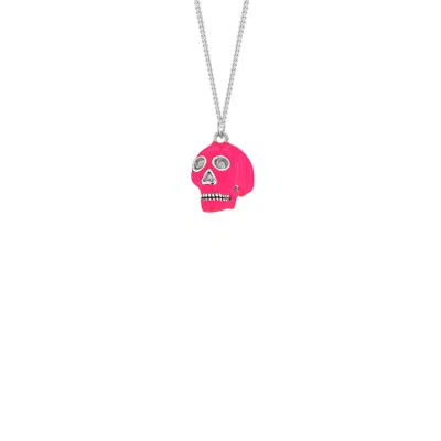 True Rocks Women's Silver / Pink Neon Pink & Sterling Silver Mini Skull Pendant Hung On Silver Fine Chain In Silver/pink