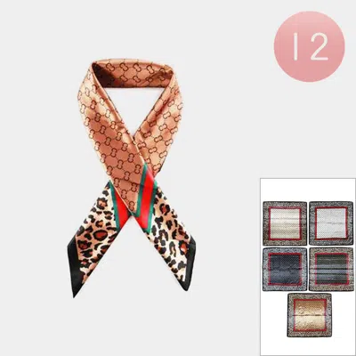 Truedames 12pcs - Leopard Patterned Square Silk Feel Scarves In Brown