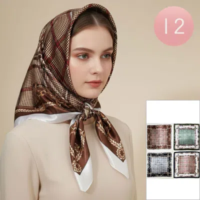 Truedames 12pcs - Silky Feel Checkered Pattern Printed Square Scarves In Multi