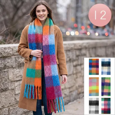 Truedames 12pcs - Assorted Oversized Check Fringe Winter Scarves In Multi