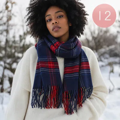 Truedames 12pcs - Cashmere Feel Plaid Fringe Winter Scarves In Blue