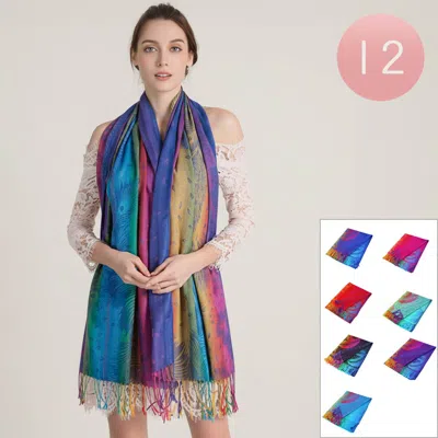 Truedames 12pcs - Peacock Pattern Fringe Pashmina Shawl Scarves In Yellow