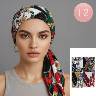 Truedames 12pcs - Silk Feel Rhinestone Embellished Geometric Floral Pattern Print Multi Purpose Square Scarves