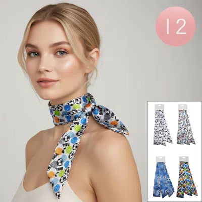 Truedames 12pcs - Silky Feel Soccer Ball Pattern Print Twilly Bag Neck Scarves 39.5" X 2.1" In Multi