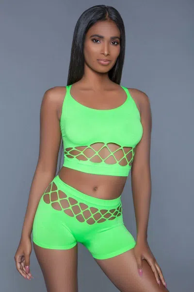 Truedames 2 Pc Silk Fishnet Set That Includes A Tank Crop Top With Criss-cross Cami Straps And A Pair Of High  In Green