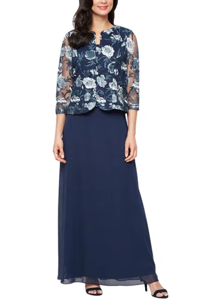 Truedames 2-piece Set Embroidered Quarter Sheer Sleeves Jacket With Matching Scoop Neckline Fitted Bodice A-li In Blue