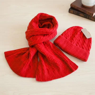 Truedames 2pcs - Cable Knit Winter Scarf Beanie Hat Set In Red