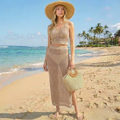 Truedames 2pcs - Crochet Beach Cover Up Top And Skirt Set In Brown