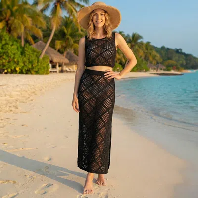 Truedames 2pcs - Diamond Crochet Top Skirt Beach Wear Set In Black