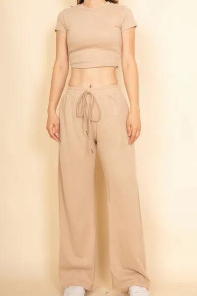 Truedames 2-piece Crop Tee & Wide Leg Lounge Pants Set In Beige