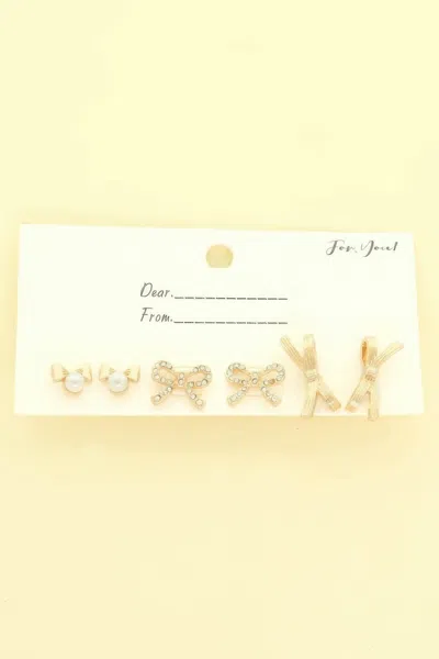 Truedames 3 Pair Jeweled Bow Stud Earring Set In Gold