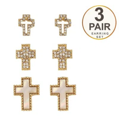Truedames 3-pair Latin Cross Earring Set In Gold
