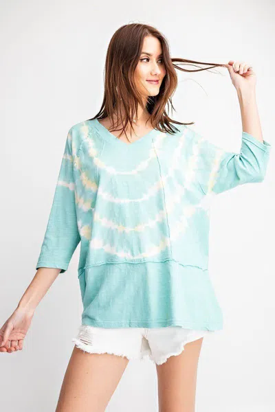 Truedames 3/4 Sleeves Special Washed Boxy Cotton Slub Top In Blue