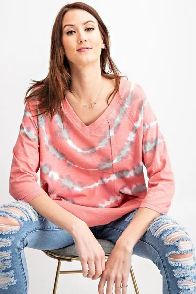 Truedames 3/4 Sleeves Special Washed Boxy Cotton Slub Top In Pink
