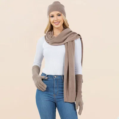 Truedames 3pcs - Solid Winter Beanie Hat Scarf Gloves Set In Sand