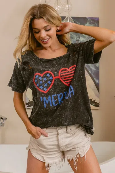 Truedames 4th Of July Theme Mineral Washed Laser Cut Top In Black