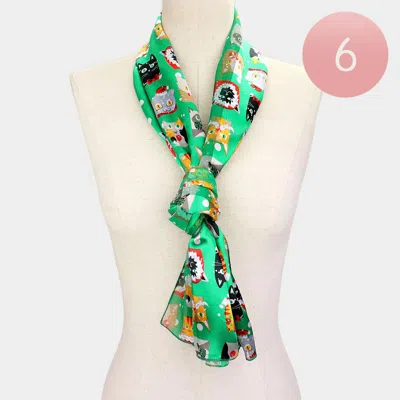 Truedames 6pcs - Silk Feel Christmas Cute Animal Pattern Print Scarf In Green