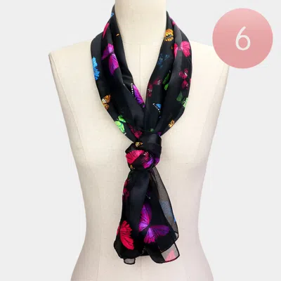 Truedames 6pcs - Silk Feel Satin Butterfly Patterned Scarves In Black