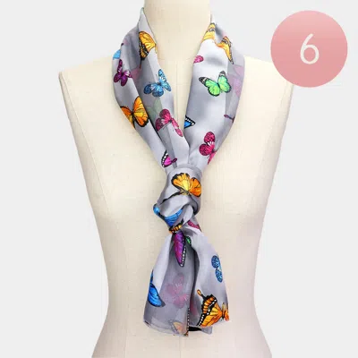 Truedames 6pcs - Silk Feel Satin Butterfly Patterned Scarves In Gray