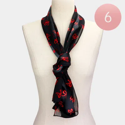 Truedames 6pcs - Silk Feel Satin Striped Bow Print Scarf In Black