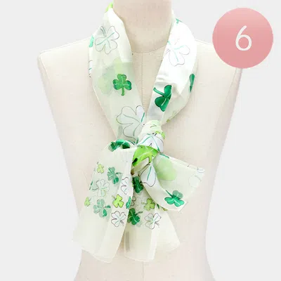 Truedames 6pcs - Silk Feel Satin Striped Clover Print Scarf In Green