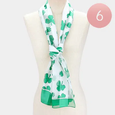 Truedames 6pcs - Silk Feel Satin Striped Clover Print Scarves In Green