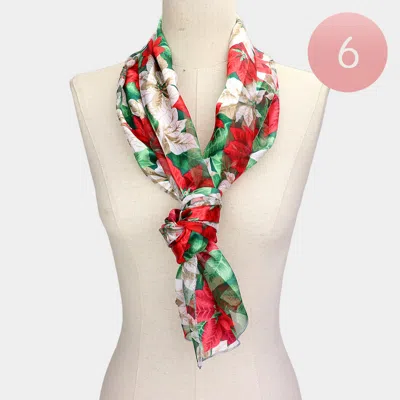 Truedames 6pcs - Silk Feel Satin Striped Poinsettia Pattern Print Scarves In Multi