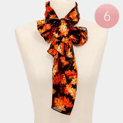 Truedames 6pcs - Silk Feel Striped Leaf Print Scarf In Red