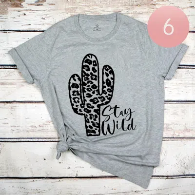 Truedames 6pcs - Assorted Size Stay Wild Cactus Graphic T-shirts In Gray
