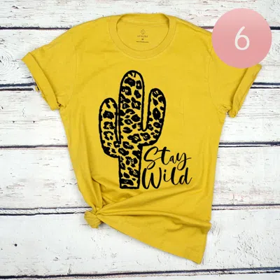 Truedames 6pcs - Assorted Size Stay Wild Cactus Graphic T-shirts In Yellow
