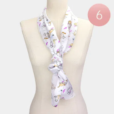 Truedames 6pcs - Silk Feel Satin Striped Cat Print Scarf In Beige