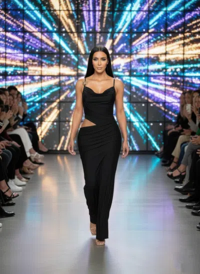 Truedames A Cowl Neckline Two-piece Illusion Maxi In Black