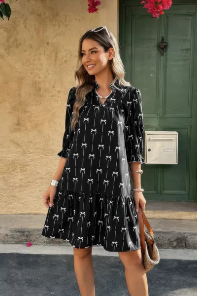 Truedames A Line Bow Ruffle V Neck Loose Fit Dress In Black