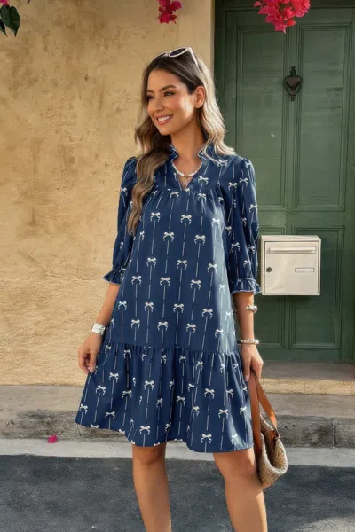 Truedames A Line Bow Ruffle V Neck Loose Fit Dress In Blue