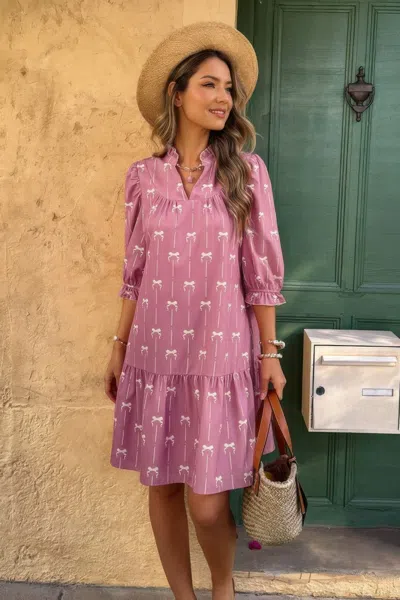Truedames A Line Bow Ruffle V Neck Loose Fit Dress In Pink