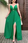 Truedames A Line Deep V Neck High Waist Split Hem Dress In Green