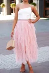 Truedames A Line Long Tulle Tiered Skirts In Pink
